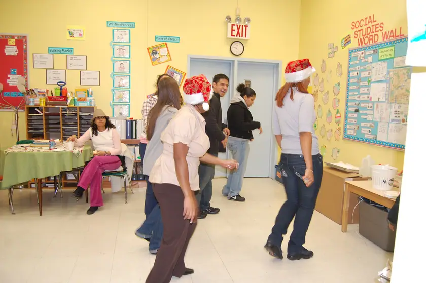 Santa hats and a line dance