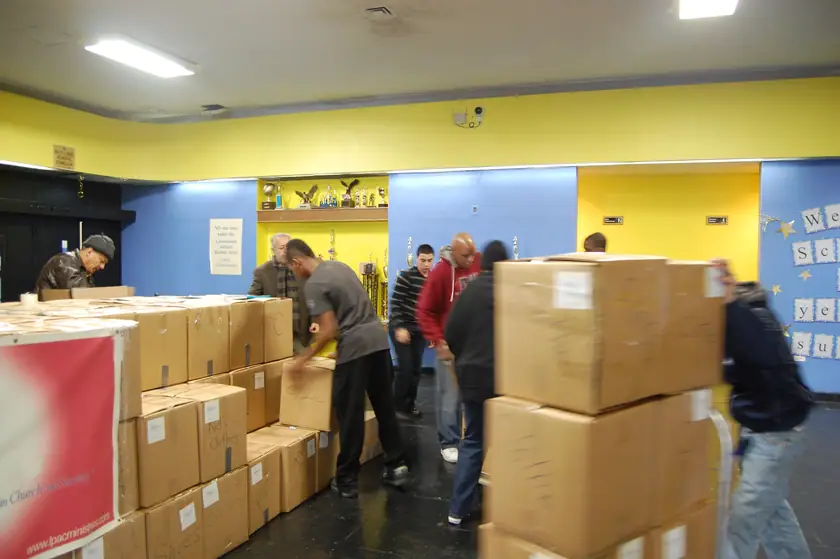 Donation boxes stacked at the centre